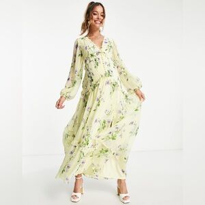 ASOS DESIGN Maternity Button Up Pintuck Maxi Dress In Butter Yellow Floral Print
